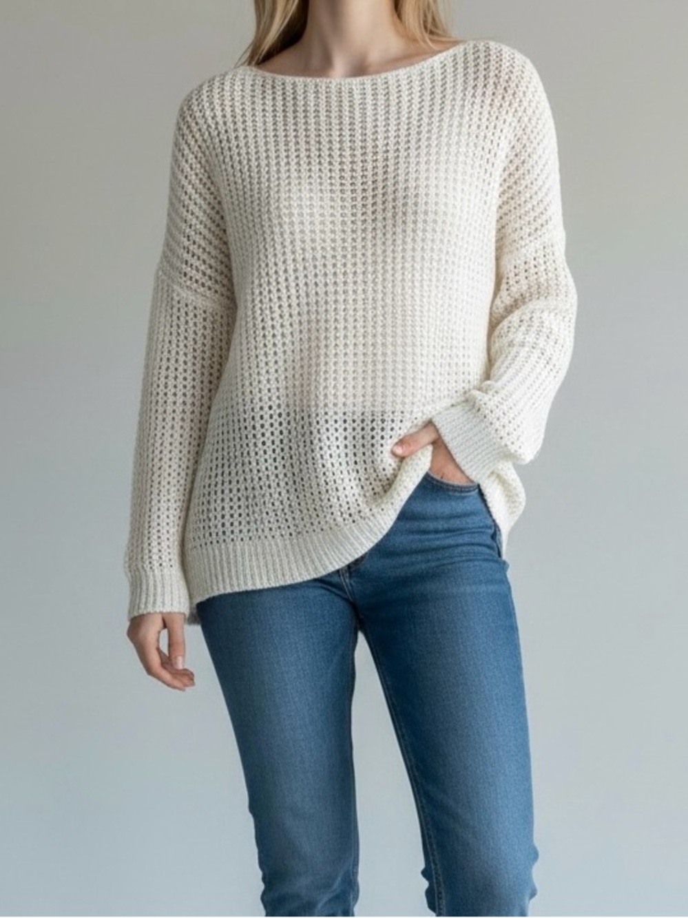 Soft Surroundings Cream Linen Blend Open-Knit Long Sleeve Crew Large Fisherman